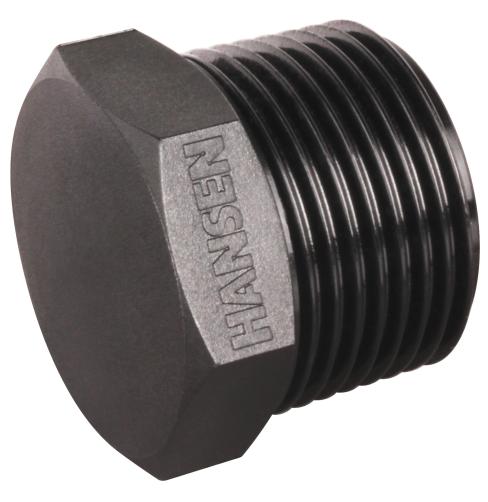 Black threaded metal fitting with 'Hansen' branding on a white background