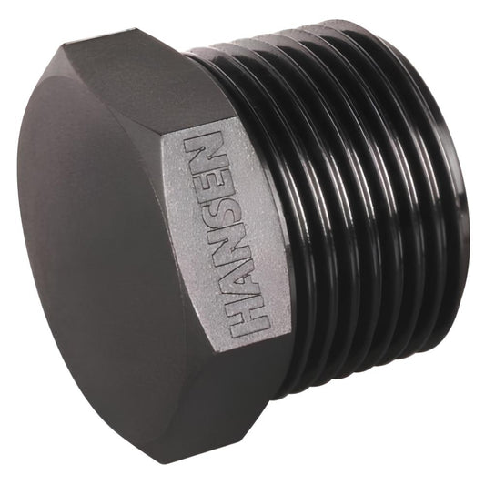 Black threaded metal fitting with 'Hansen' branding on a white background