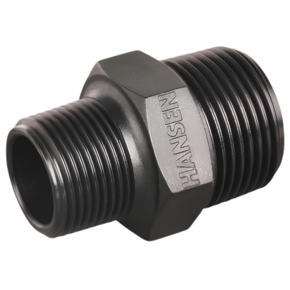 Black metal pipe fitting with 'Hansen' branding on a white background