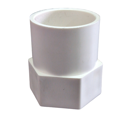 A white plastic hexagonal pipe connector with a cylindrical socket, shown on a plain white background.