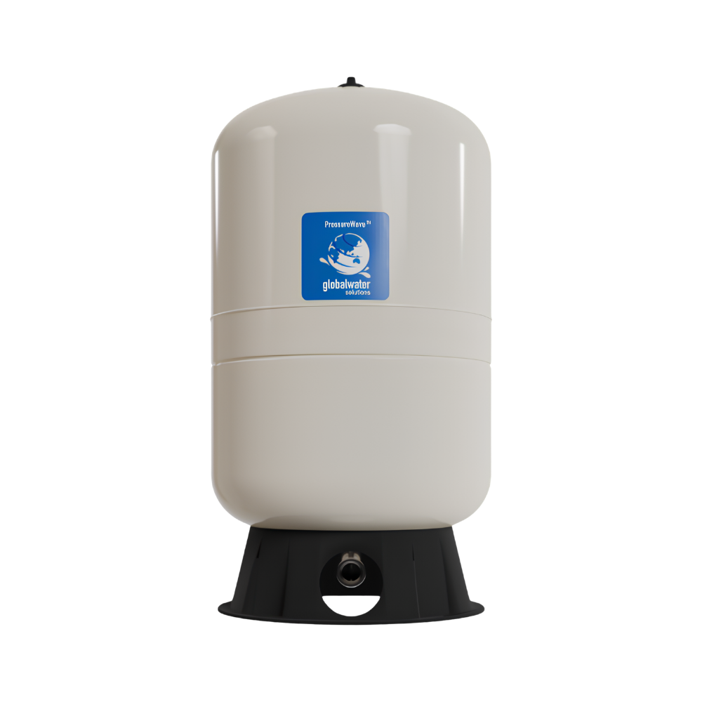 White cylindrical pressure tank with a blue logo on a white background