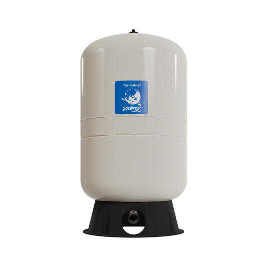 White cylindrical pressure tank with a blue logo on a white background