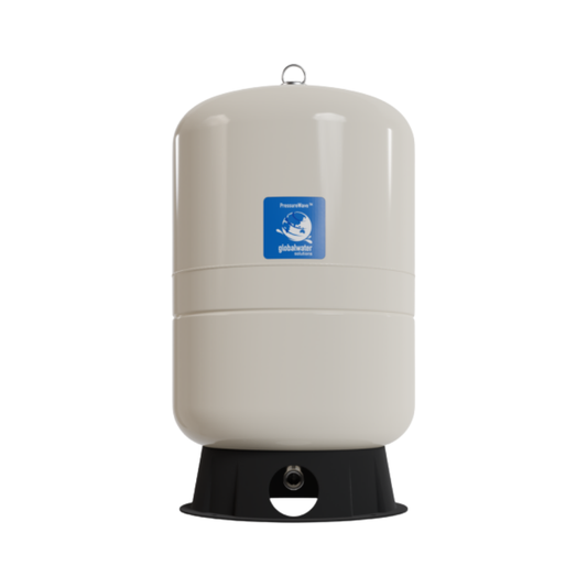 White cylindrical pressure tank with a blue logo on a white background