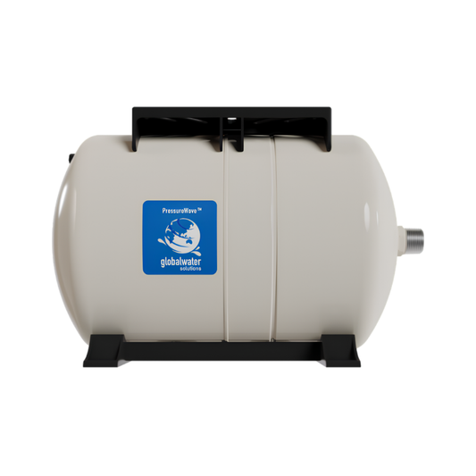 White cylindrical tank with a blue Global Water logo on a white background