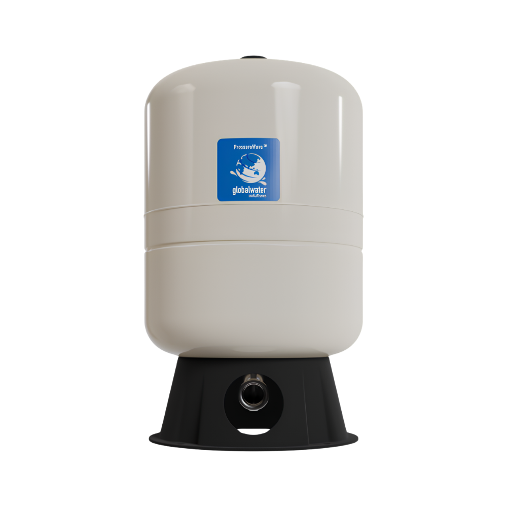 White water storage tank with black base on a white background