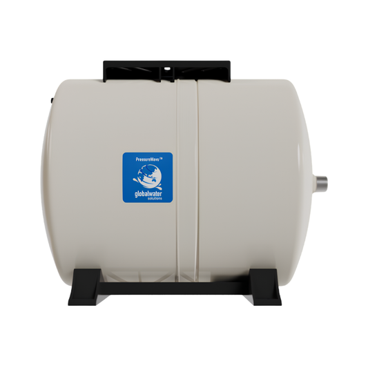 White water storage tank with a blue Global Water logo on a white background