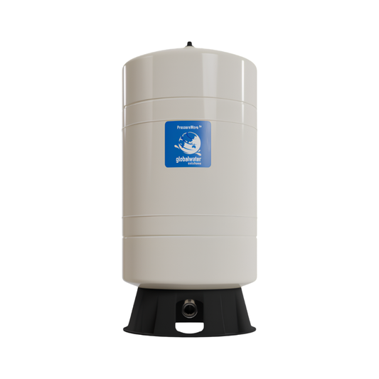Beige water storage tank with a blue logo on a white background