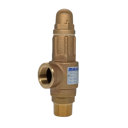 Bronze pressure relief valve with 'Maxaflex' branding on a white background