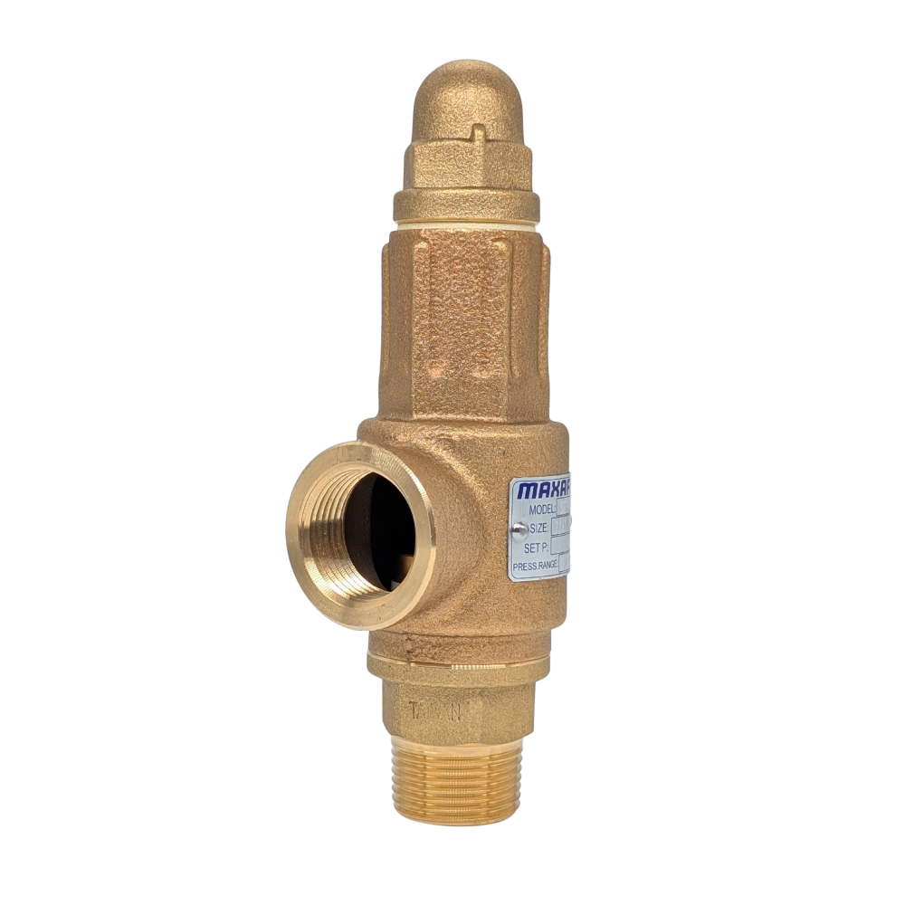 Brass valve with 'Maxaflex' branding on a white background