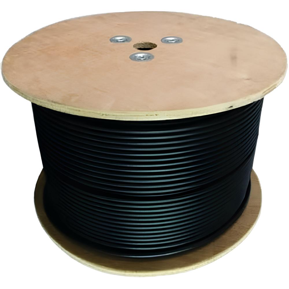 Spool of black cable on a wooden reel