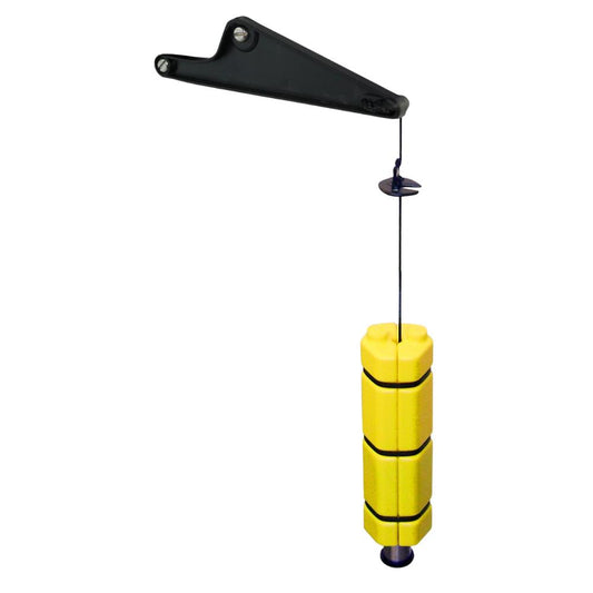 Float, Arm & Weight Assembly featuring a black plastic top anchor with a screw, a black line, a small dark metal hook, and a bright yellow cylindrical weighted section with black bands, isolated on a white background.