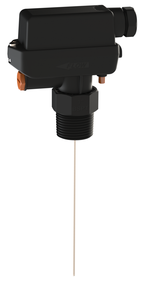 Black temperature sensor with a probe on a white background