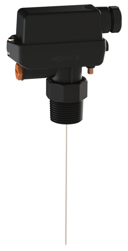 Black temperature sensor with a probe on a white background