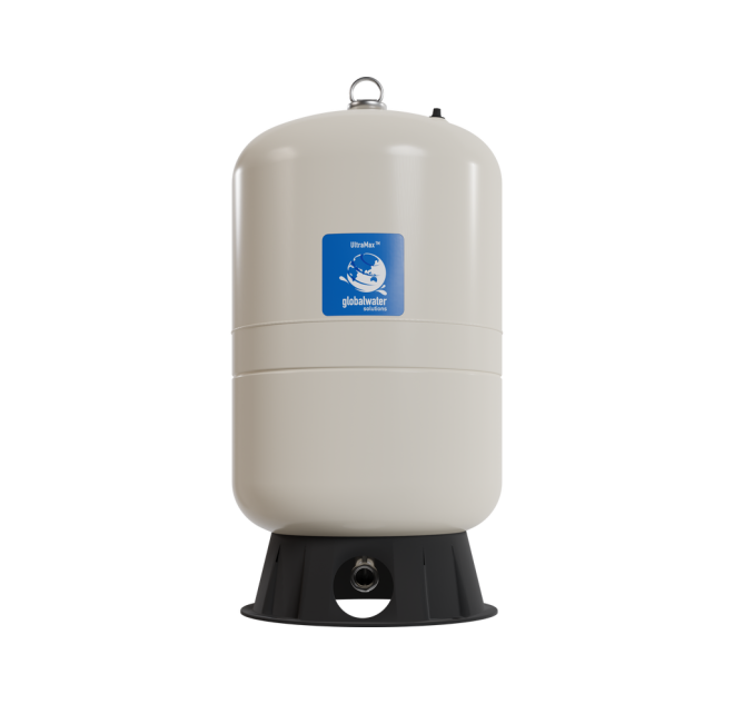 White cylindrical water tank with a blue logo on a white background