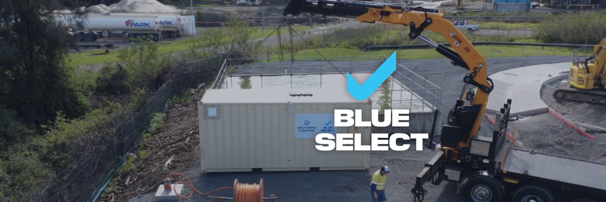 Construction site with a crane and Blue Select logo overlay
