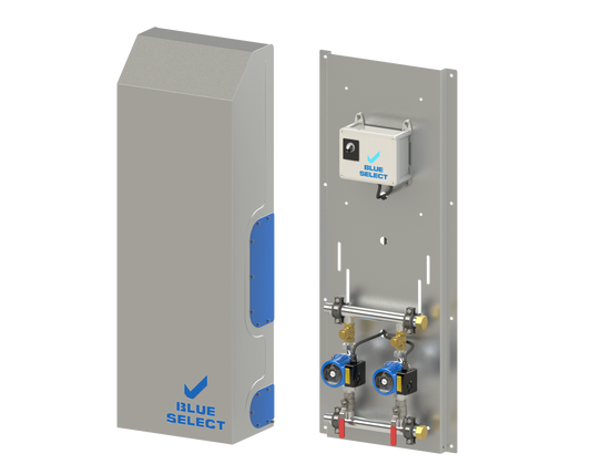Metal control panel with 'Blue Select' branding on a white background
