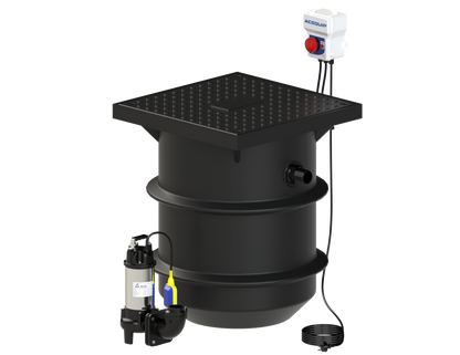 Black cylindrical water treatment tank with pump and control panel on a white background