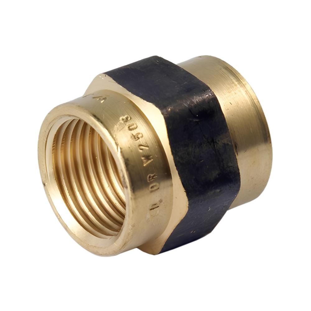 Brass fitting with black rubber sleeve on a white background
