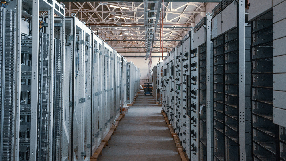 Long aisle in a warehouse with storage racks on both sides
