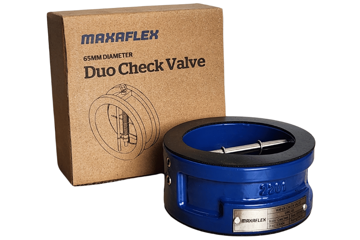 Blue check valve with Maxaflex packaging on a green background
