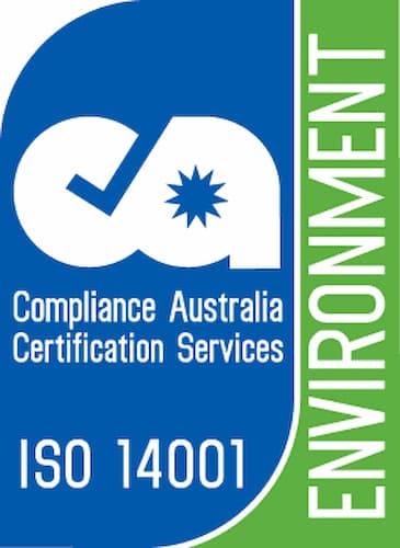 ISO 14001 Environment Compliance Australia Certification Services logo with a blue and green design and white text.