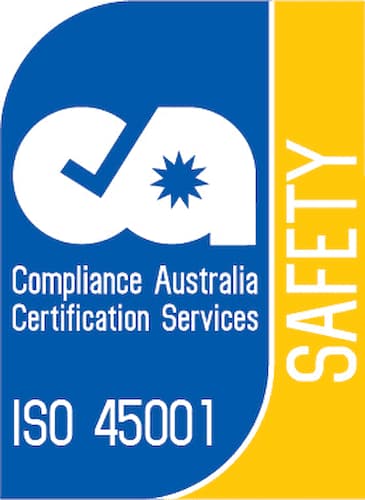 ISO 45001 Compliance Australia Certification Services safety badge with a blue and yellow design, white 'ca' logo, and the word 'SAFETY' on the right.