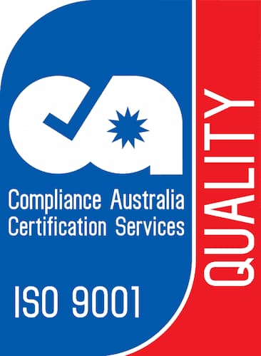 ISO 9001 Quality and Compliance Australia Certification Services logo with a blue and red design and white text.