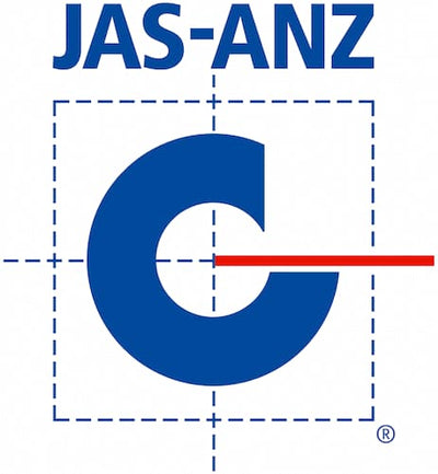 JAS-ANZ logo featuring a large blue letter C with a red horizontal stroke, centered within a dashed blue square on a white background.
