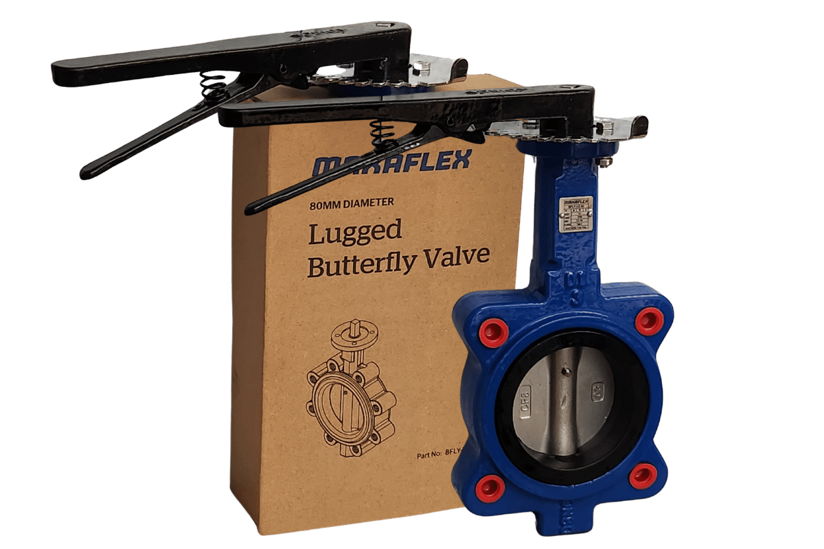 Blue lugged butterfly valve in front of a Merkflex branded box on a white background