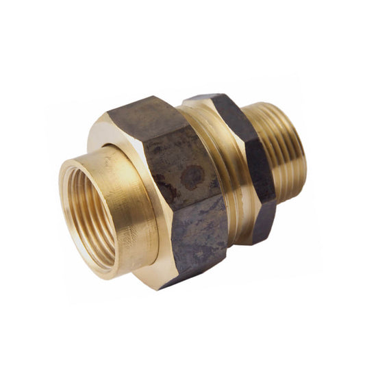 Brass plumbing fitting on a white background