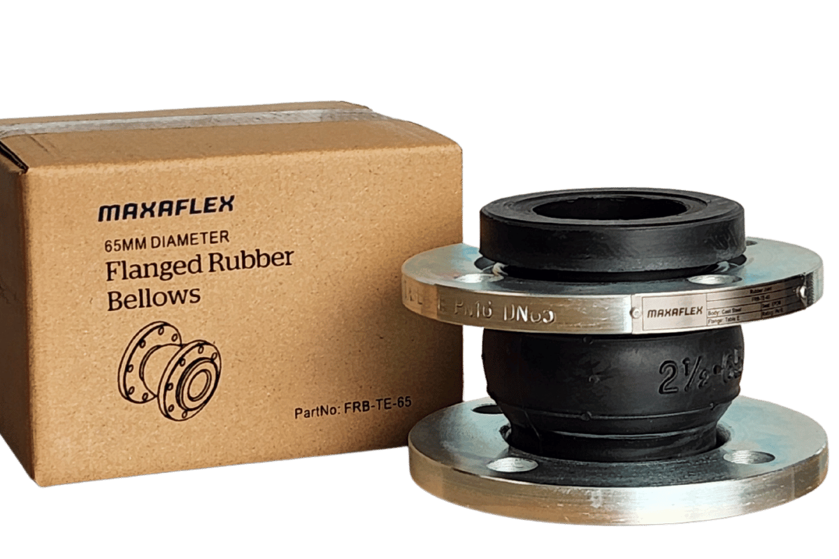 Maxflex flanged rubber bellows with packaging on a green background