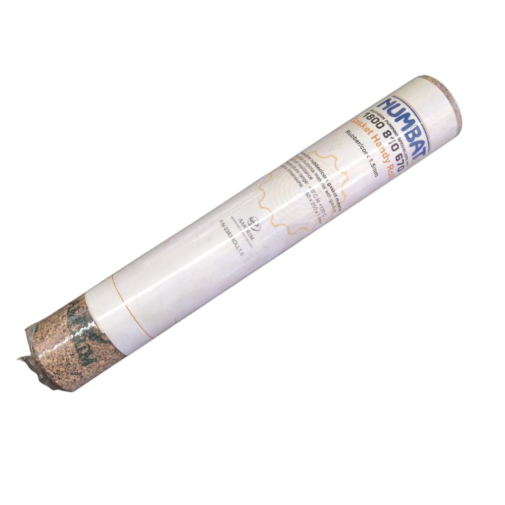 A single rolled white sheet of gummed paper with a cork-like textured end, placed diagonally on a dark scratched surface. The roll has printed text and a blue logo reading HUMANT.